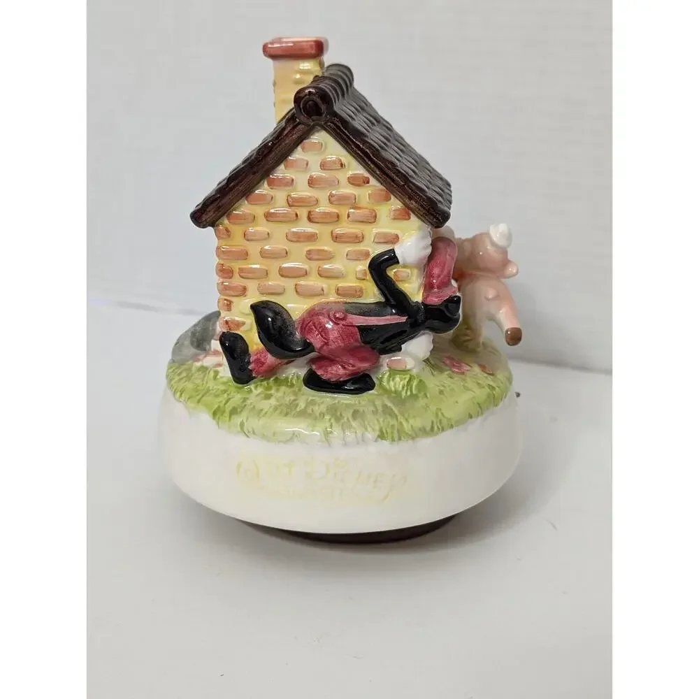 Vintage Disney Schmid Three Little Pigs & Big Bad Wolf Rotating Music Box - Rare